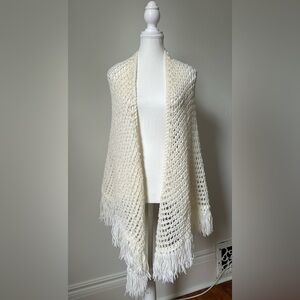HANDMADE Cream Open Knit Fringe Boho Western Festival Shawl